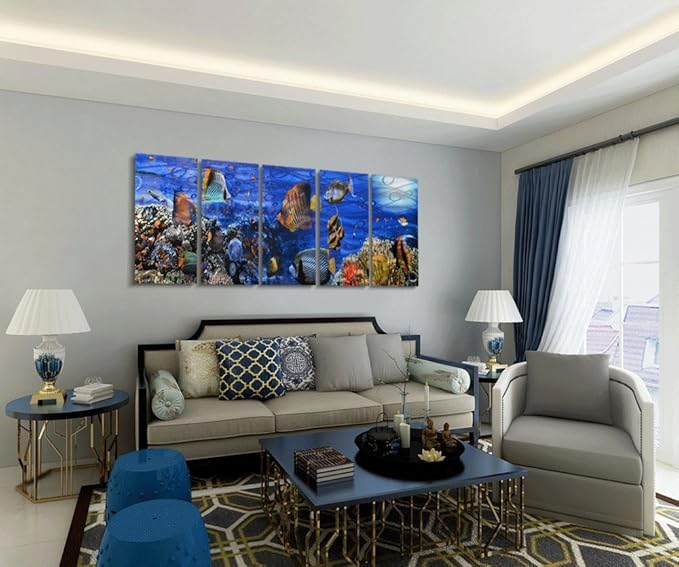 Yihui Arts Cosatal Metal Wall Art, Large Nautical Metal Wall Art in Modern Ocean Design, 3D Outdoor Pictures Wall Decor, 5 Panels, Metal School of Fish Art