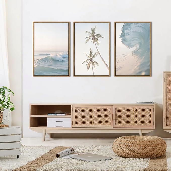 ANHUIB Large Seascape Wall Art Ocean Waves Paintings Coconunt Tree Wall Decor Coastal Art Print 16x24 Inch Set of 3 for Living Room Bedroom Office