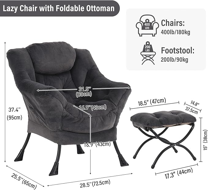 Oversized Chair with Ottoman, Modern Reading Chair, Lounge Accent Chair with Armrests and a Side Pocket for Small Space, Bedroom, Study, Living Room (Plush Dark Greyish Blue)