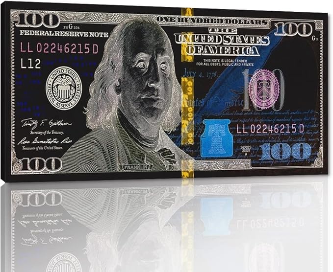 Abstract Creative 100 Dollar Bill Print Abstract Benjamin Franjlin Money Artwork Cash Art Print Rich Money Millionaire Canvas Paintings for Living Room Bedroom Wall Decor Framed Easy to Hang-32"Wx16"H