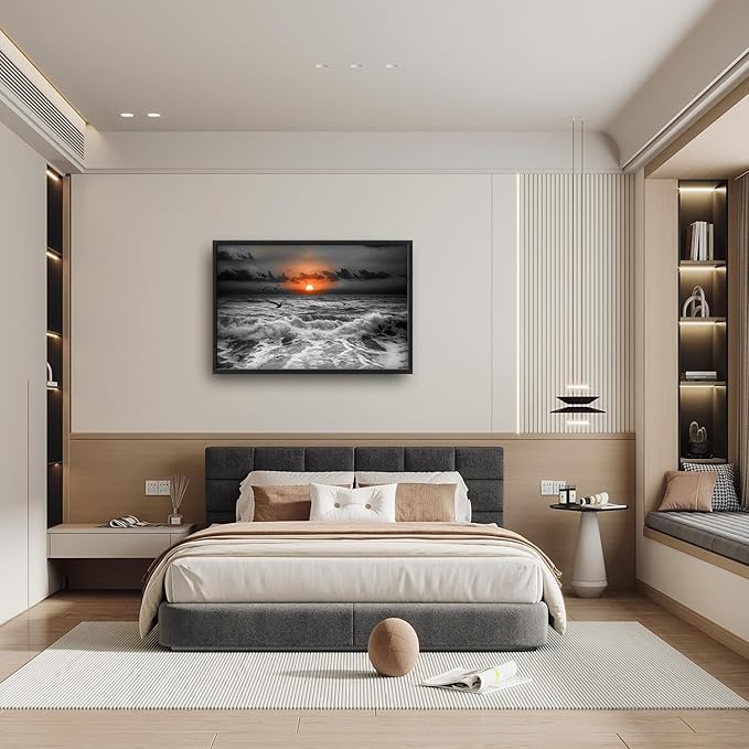 Flintis Large Ocean Sunset Framed Wall Art Beach Seagull Pictures Wall Decor Abstract Natural Landscape Canvas Painting Print Artworks Framed for Living Room Bathroom Master Bedroom 36L X 24W