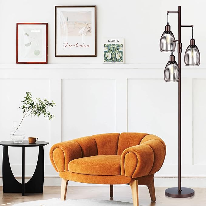 Dimmable Floor Lamp, Industrial Floor Lamps for Living Room, Brown Tree Lamp Standing Lamp Tall Lamps with 3 Elegant Teardrop Cage Head & 800 Lumens LED Bulbs for Living Room Bedroom Office