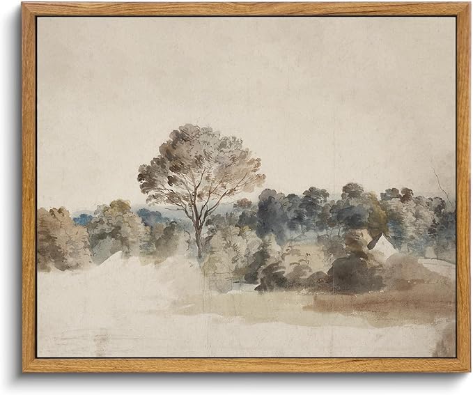 KBKBART Framed Vintage Neutral Wall Art Prints, Antique Rustic Muted Landscape Canvas Painting, Retro Countryside Nature Wilderness Illustrations Farmhouse Decor, Neutral Vintage Decor Ready To Hang