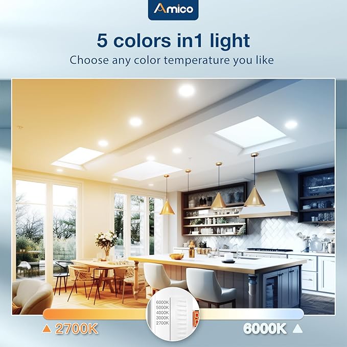 Amico 5/6 Inch 5CCT LED Recessed Lighting 12 Pack, 1050LM Flat Can Lights, Dimmable, IC Rated, 12W Eqv 110W, 2700K/3000K/4000K/5000K/6000K Selectable, Retrofit Installation- ETL Listed