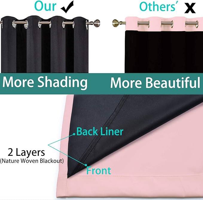 Yakamok Total Blackout Curtains, 2 Thick Layers Completely Blackout Thermal Insulated Drapes with Black Liner for Bedroom(52Wx96L, Pink, 2 Panels)
