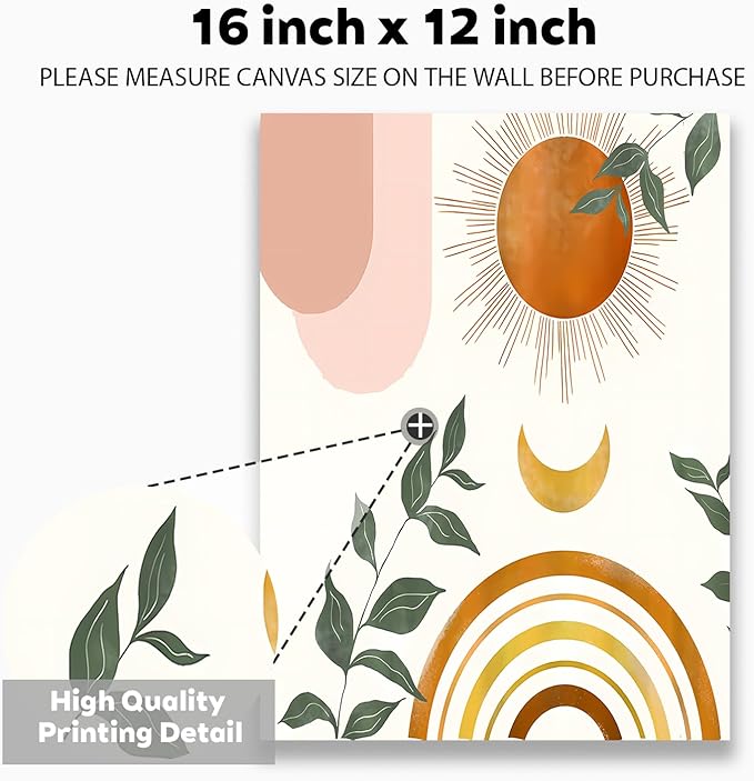 Boho Wall Art, Minimalist Framed Wall Art Geometric Line Leaf Sun Moon Rainbow Canvas Artwork Paintings, Abstract Botanical Boho Room Decor, Office, 12"x16"