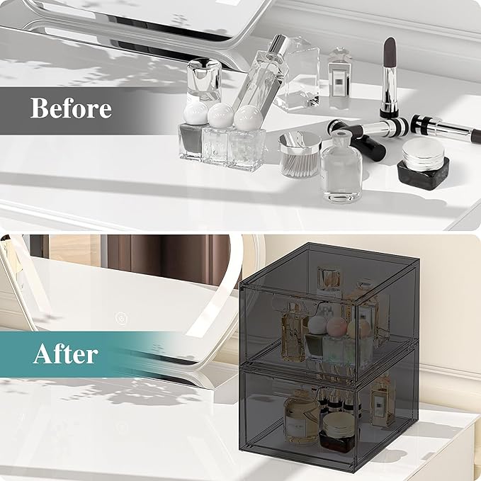 3 Pack Stackable Makeup Organizer and Storage, Acrylic Organizers，Clear Plastic Storage Drawer with Pull-Out Handles for Vanity, Undersink, Kitchen Cabinets, Pantry, Black