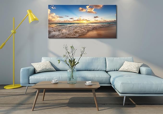 Large Beach Wall Art for Living Room Coastal Canvas Painting Decor - Sunrise Ocean Picture Nature Seascape Artwork Poster Print for Office Bedroom Decoration 24"x48"