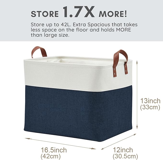 DECOMOMO Fabric Storage Basket Large Closet Storage Bins for Toys Nursery & Laundry Storage (Navy Blue & White, XXL - 3 Pack)
