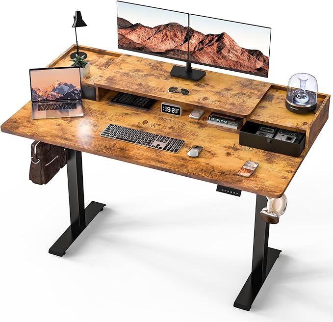 Kingant 63 x 30 Inch Standing Desk with Drawers, Adjustable Height Electric Sit Stand Desk with Storage Shelf, Rising Stand Up Computer Desk for Home Office Workstation, 3 Preset Heights