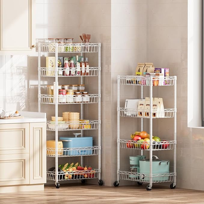 SINGAYE 4 Tier Basket Shelf Wire Shelving Unit Adjustable Storage Shelves Big Basket Rack for Garage Kitchen Office Pantry Corner 17" Dx12 Wx50 H White