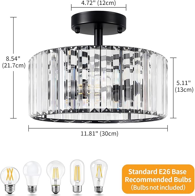 TOULMJ Crystal Ceiling Light, 3-Light Semi Flush Mount Ceiling Lighting Fixture, Black Round Hallway Light Fixtures for Kitchen Entryway Bedroom Laundry Room