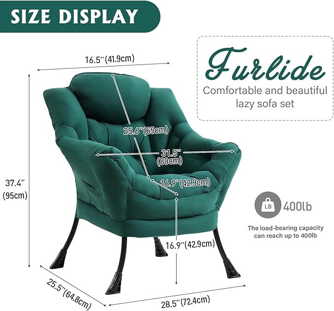 Lazy Chair for Living Room, Modern Accent Chairs with Armrests, Comfy Lounge Chair with Side Pocket, Cozy Lazy Sofa for Reading, Balcony, Bedroom, Dorm, Small Spaces (Dark Green)