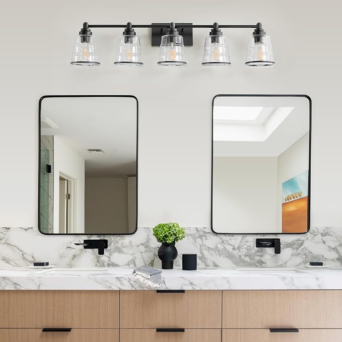Black Bathroom Vanity Light Fixture, 5 Light Bathroom Light Fixtures Over Mirror with Clear Glass Shade and Metal Base Wall Sconce, 37 inch Modern Vanity Light for Bathroom(Exclude E26 Bulb)