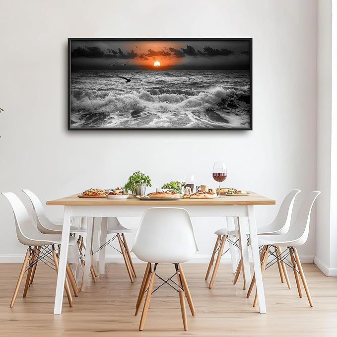 Flintis Large Ocean Sunset Framed Wall Art Beach Seagull Pictures Wall Decor Abstract Natural Landscape Canvas Painting Print Artworks Framed for Living Room Bathroom Master Bedroom 60L X 30W