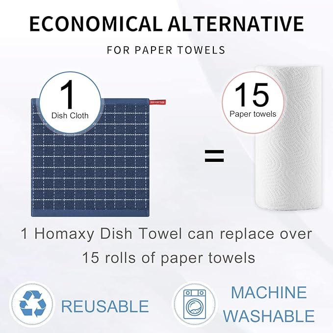 Homaxy 100% Cotton Terry Kitchen Dish Cloths, Ultra Soft and Absorbent Dish Towels for Kitchen, Suitable for Drying and Washing Dishes, 8 Pack, 12 x 12 Inches, Navy Blue