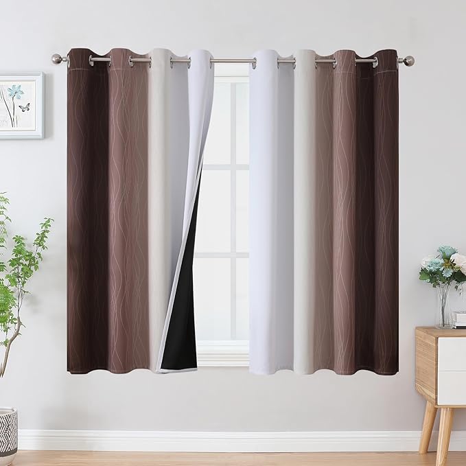 Estelar Textiler Brown and Greyish White Blackout Curtains 45 Inch Length, Full Light Blocking Gradient Drapes for Kitchen, Thermal Insulated Grommet Ombre Curtains for Bathroom,52Wx45L,2 Panels