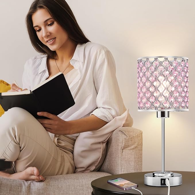 Pink Crystal Table Lamp Set of 2, Bedside Table Lamps 3-Way Dimmable Touch Nightstand Lamp with USB-C+A Charging Ports Night Lights Decorative Accent Lamp for Bedroom, Living Room, Office, Girls Room