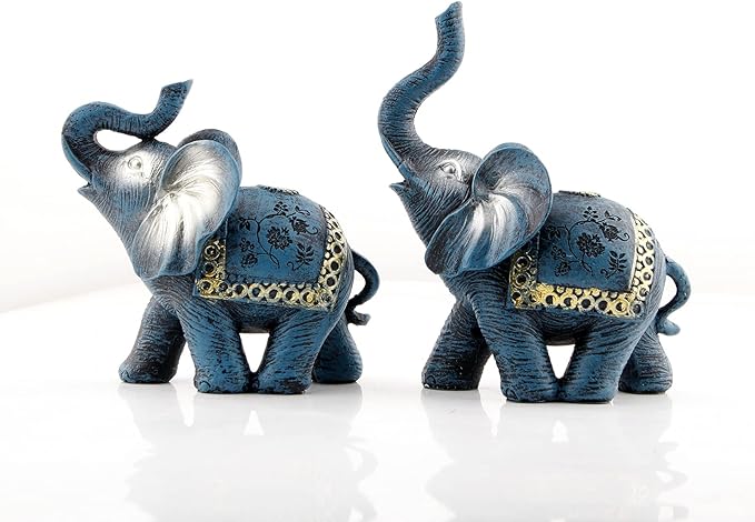 Blue Thai Couple Elephants Figurines Statues Elephant with Trunk Up Gifts for Desktop Decoration Home Crafts Ornament
