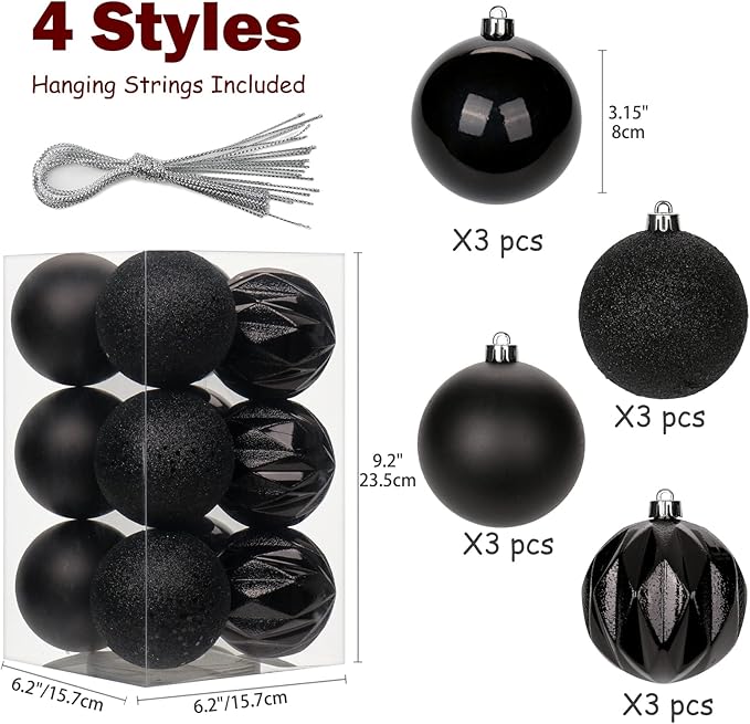 12PCS 3.15" Christmas Ball Ornaments Shatterproof Black Christmas Tree Decorations Xmas Tree Balls Halloween Ornaments Décor