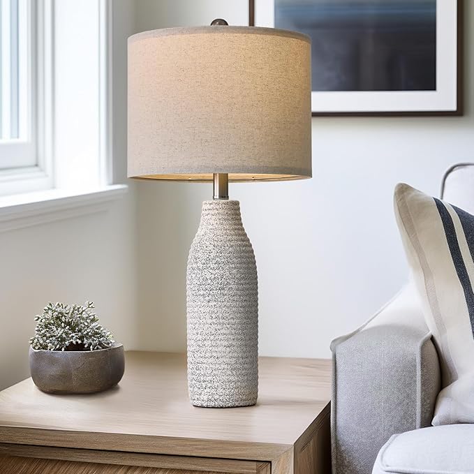 PORTRES 25" Ceramic Table Lamp for Bedroom Bedside Lamps for Night Stands Modern Lamps for Living Room with Rotary Switch Gray and White（1Pack）