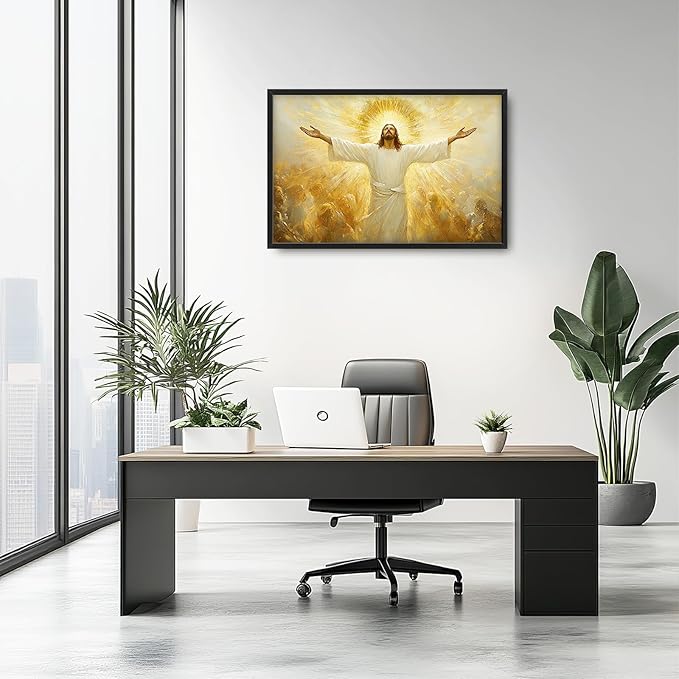 Jesus Framed Wall Art for Living Room, Large Christ Canvas Wall Decor, Jesus Golden Light Pictures Painting, Modern Artwork for Bathroom Bedroom Office 36L'' × 24W''