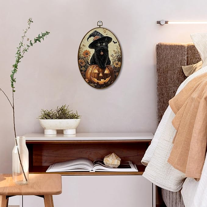 JQF Vintage Halloween Witchy Black Cat Oval Wall Art, Dark Academia Gothic Witch Pumpkin Oval Canvas Wall Art, Halloween Fall Framed Prints Hanging Decor for Home Bedroom Living Room, 8.5x11.5 Inch