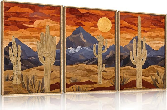 HPNIUB Mountains Desert Framed Canvas Wall Art Set, Abstract Sun Art Prints, Modern Cactus Paintings Artwork, Mid Century Southwestern Landscape Wall Decor for Living Room, Bedroom, Office-24 x36 x3