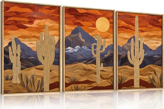 HPNIUB Mountains Desert Framed Canvas Wall Art Set, Abstract Sun Art Prints, Modern Cactus Paintings Artwork, Mid Century Southwestern Landscape Wall Decor for Living Room, Bedroom, Office-16 x24 x3