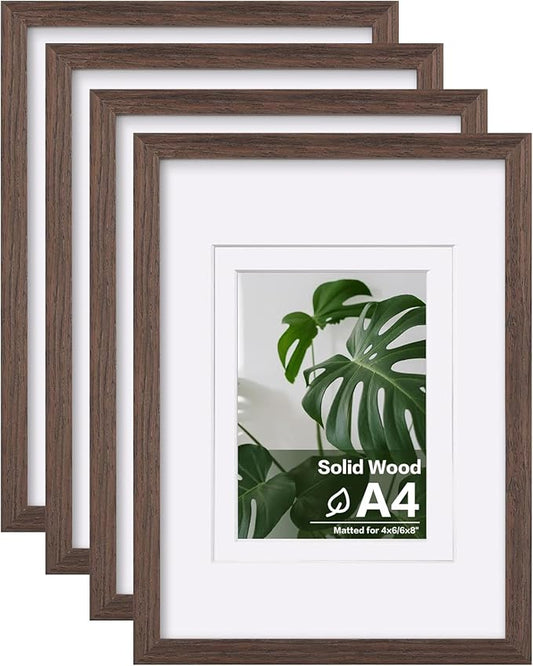 Egofine A4 Picture Frames Set of 4, Made of Solid Wood Covered by Plexiglass 4x6 and 6x8 with Mat or A4 without Mat, for Table Top Display and Wall Mounting Photo Frame Brown