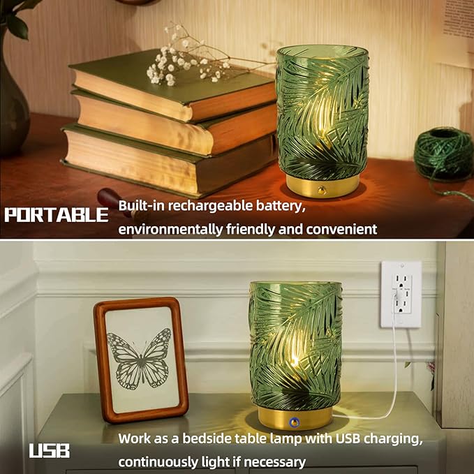 Rechargeable Battery Powered Lamp, Cordless Emergency Lamps for Power Outage, Decorative Small Accent Lamps for Entryway/Stairway/Bathroom/Corner, Dimmable Glass Battery Operated Table Lamp Indoor