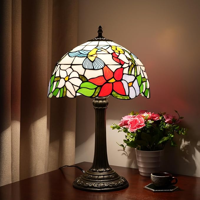 Tiffany Style Stained Glass Table Lamp 12-Inch Blue Hummingbird Reading Bedside Lamp Suitable for Study Living Room Bedroom Coffee Shop Retro Table Lamp Home Decoration Art