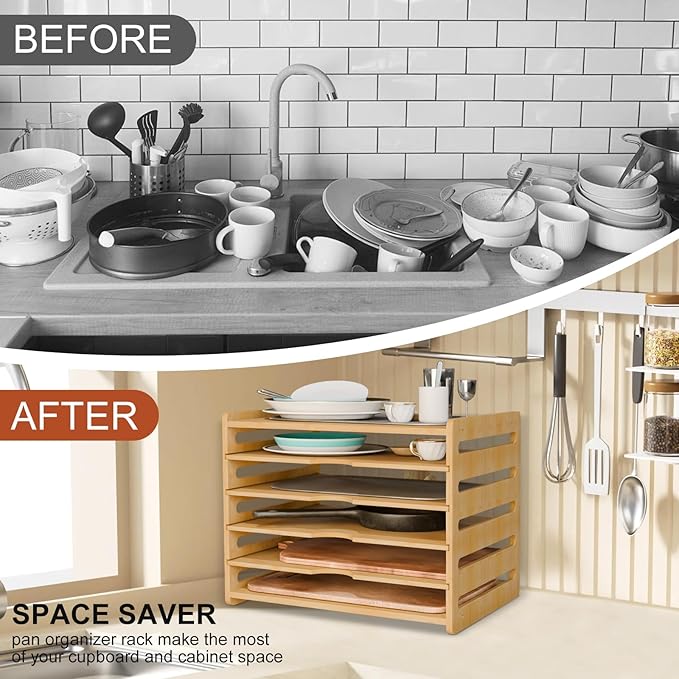 Wooden Cabinet Tray Dividers,Kitchen Vertical Tray Divider Organizer for Storing Baking Sheets, Pans, Lids, Cutting Boards, and Trays – 5-Compartment Adjustable Design for Clutter-Free Cabinet Storage