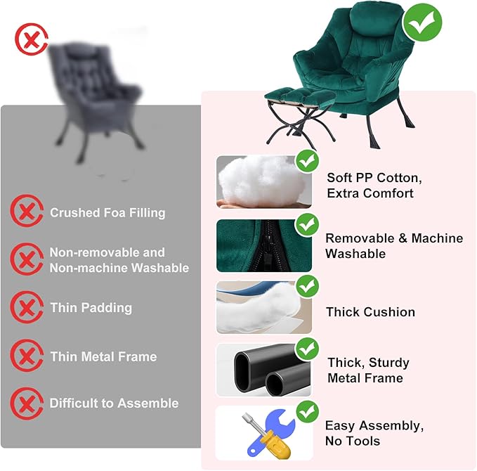 Oversized Chair with Ottoman, Modern Chair with Folding Footrest, Lounge Accent Chair, Comfortable Reading Chair for Bedroom, Study, Living Room, Courtyard (Velvet Dark Green