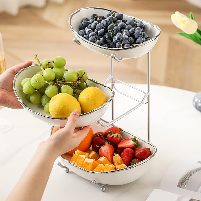 Ceramic Fruit Bowl for Kitchen Counter - 3 Tier Fruit Basket with Metal Stand, Tiered Fruit Stand for Countertop, Snack, Nuts, Cake, Dessert, Small & Cute (Silver-rimmed)