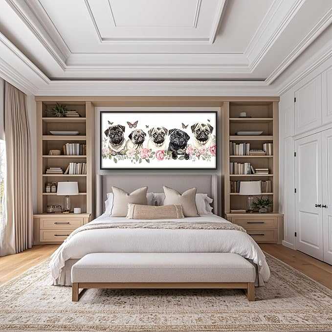 Flintis Large Pug Wall Art Dog Butterfly Pictures Wall Decor Abstract Animal Canvas Painting Print Artwork Decoration Framed for Living Room Bathroom Master Bedroom Office Dining Room 60L x 30W