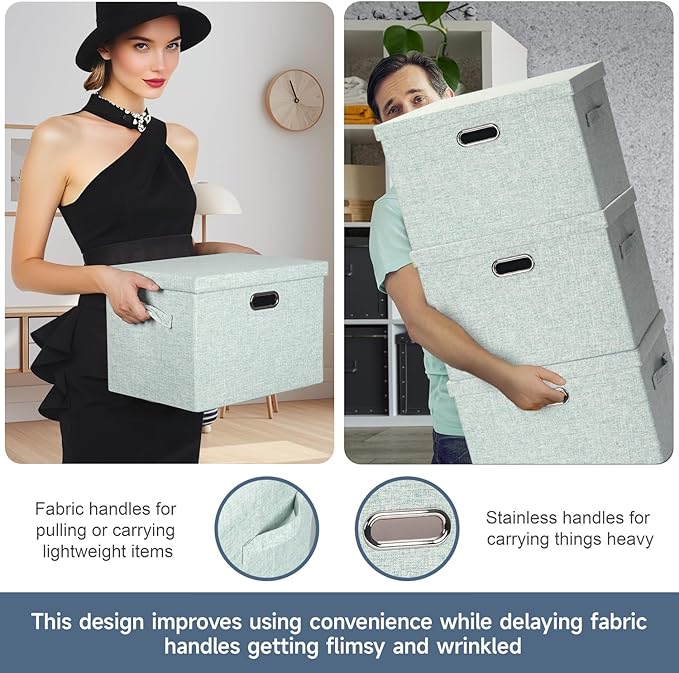 Large 17" 36 Quart Collapsible Stackable Storage Bins with Lids, 3 Packs Light Green Linen Fabric Closet Boxes with Lids, Storage Cube Baskets Container Organizers for Office (17x12x11)