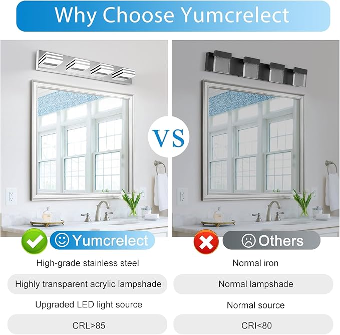 LED Vanity Lights for Bathroom 4 Light Bathroom Lamp over Vanity 27Inch Bathoom Mirror Light Fixtures Modern Bath Bar Lighting Chrome Vanity Lighting Fixtures 24W Restroom Light Fixture 6000K