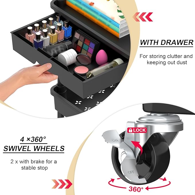 Goovilla 4 Tier Rolling Utility Cart Organizer with Removable Drawer, Stable and Sturdy Black Rolling Storage Carts with 2 Lockable Wheels for Bathroom, Kitchen, Snack, Craft, Makeup, Baby Essentials