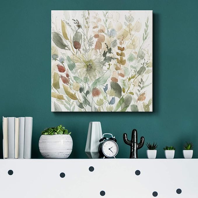 Wexford Home Square Premium Gallery Wrapped Canvas Flower Multicolor Wall Art Abstract Floral Romance Modern Pictures Print for Home Office, Ready to Hang, linen wildflower garden, 16x16