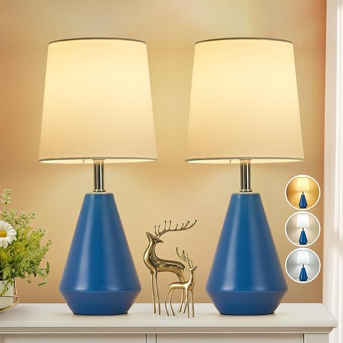 Small Bedside Table Lamp for Bedroom-Reading Desk Lamp Set of 2,with 3 Color Temperatures,15.5" Nightstand Ceramic Lamp with Fabric Shade for Kids Room,Living Room,Dorm,Home Office(Blue+White)