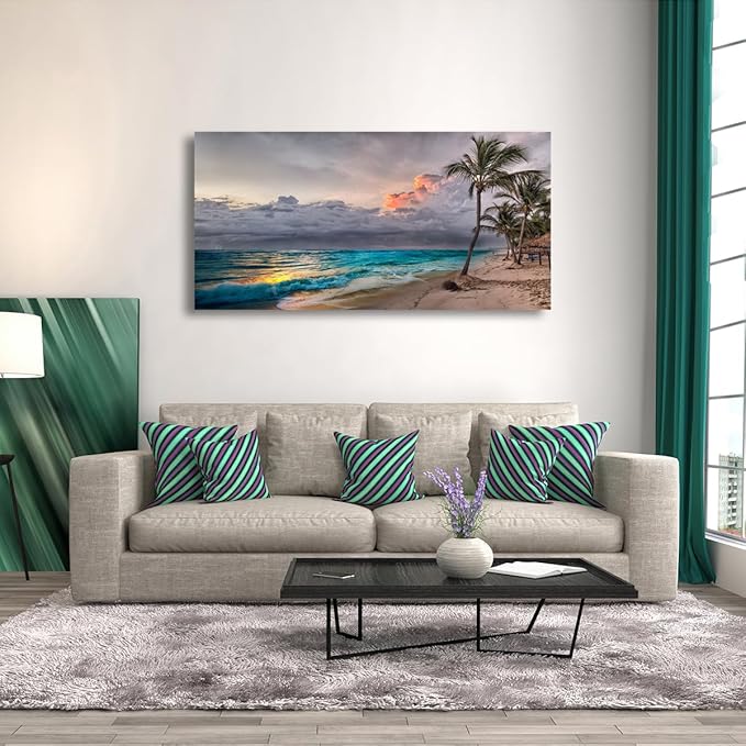 Beach Pictures Wall Art Canvas Prints Seascape Poster Bathroom Decor Blue Ocean Green Tree Painting for Living Room Bedroom Home Kitchen Decoration 28x57 Wooden Frame Natural Landscape Artwork