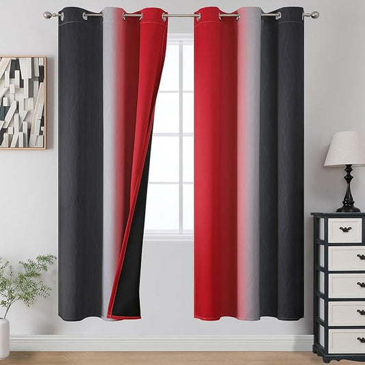 Estelar Textiler Ombre Red and Black Curtains 72 Inch Length 2 panels, Complete Blackout Curtains for Bedroom, Full Room Darkening Grommet Thermal Insulated Gradient Drapes for Living Room, 42x72 Inch