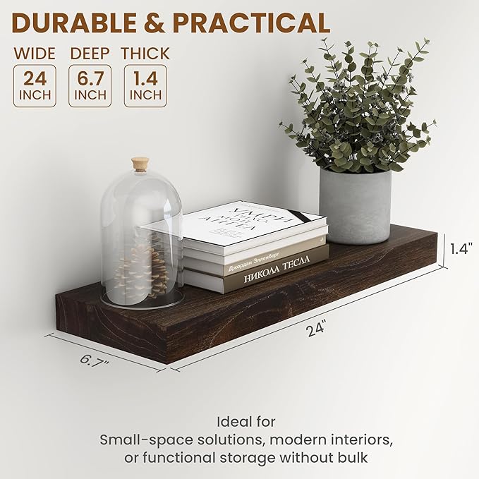 Wood Floating Shelves for Wall, 24" Floating Shelves Wall Mounted, Rustic Old Elm Wood Shelves for Home Decor, Heavy-Duty Storage Shelves for Books, Bathroom, Kitchen, Walnut Color, Set of 2