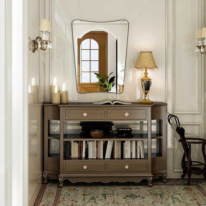 22''x32'' Irregular Wall Mirror, Butterfly-Shaped Irregular Frameless Bathroom Mirror, Curved Artistic Mirrors for Wall, High-Definition Vertical Hanging Decorative Mirror