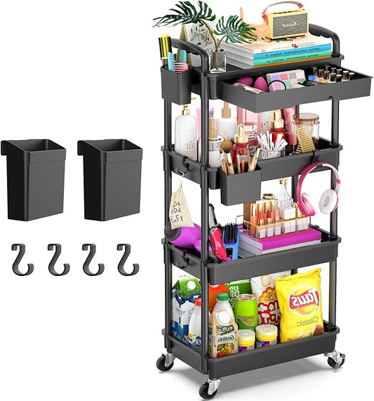 Goovilla 4 Tier Rolling Utility Cart Organizer with Removable Drawer, Stable and Sturdy Black Rolling Storage Carts with 2 Lockable Wheels for Bathroom, Kitchen, Snack, Craft, Makeup, Baby Essentials
