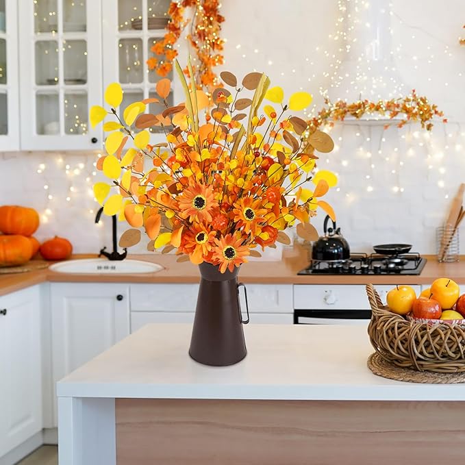 Agusbagli Artificial Fall Flowers with Metal Pot, 22.5" Farmhouse Fall Pumpkin Arrangement with Eucalyptus Leaves Fake Fall Plants Autumn Flowers in Vase for Table Centerpieces Harvest Home Decor