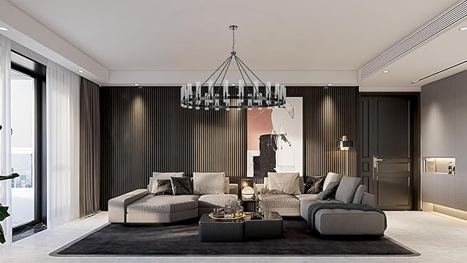 70 Inch Black Wagon Wheel Chandelier with Glass Shade, 24 Lights, Modern Farmhouse Style, Ideal for Dining Room, Kitchen, Entryways