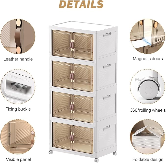 76 Gal Stackable Storage Bins with Lids and Double Doors Plastic 4 Tier Storage Box Collapsible Organizer with Wheels Large Folding Storage Containers for Home Organization 4 Pack 19gal x 4