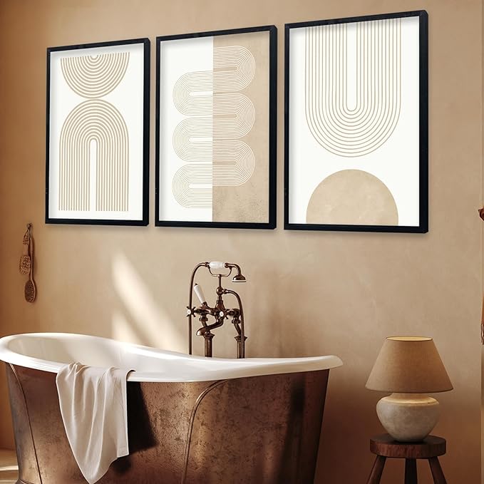 Wall Art Set of 3 Geometric Beige Spiral Wave 16"x11" Wooden Framed Mid Century Organic Abstract Neutral Sign Prints Nordic Boho Office Living Room Master Bedroom Wall Hang Decor (Black)